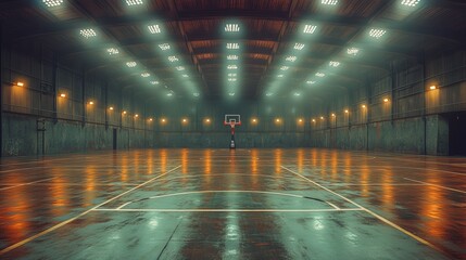 Empty, dimly lit indoor basketball court with a hoop at center.