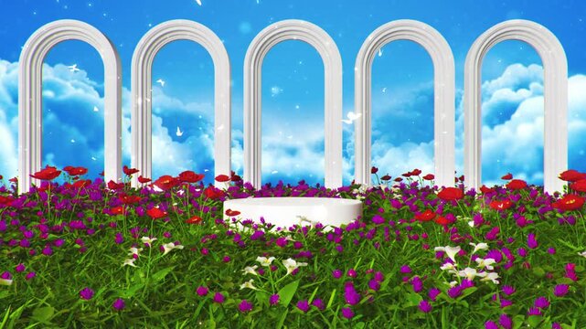 3D Beautiful white arch corridor with podium. butterfly on flower garden. clouds and bright blue sky tunnel background. Computer animation. Modern background. motion design. Loopable. LED.4K