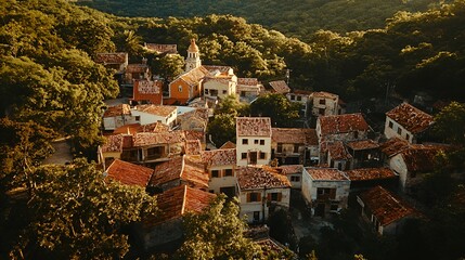 Fototapeta premium Hilltop village sunset, terracotta roofs, Adriatic coast, travel