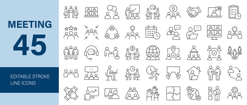 Meeting Line Editable Icons set. Vector illustration in thin line style of business related icons: conference, summit, work from home, online meetings, team, brainstorm, interview, and more.