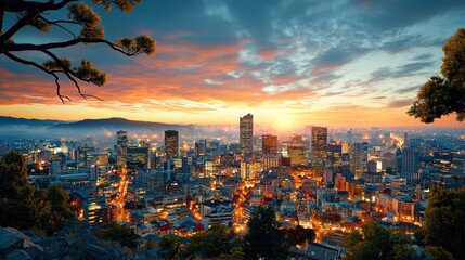 Obraz premium Vibrant sunset over a city skyline with illuminated buildings and scenic clouds. PM2.5 concept