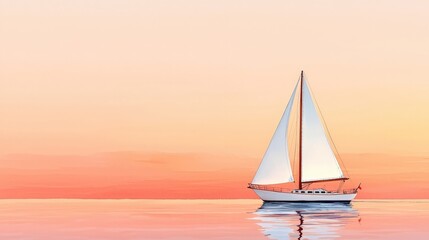 Fototapeta premium Serene Sailboat on Calm Water with Sunset Horizon and Soft Pastel Sky Reflections