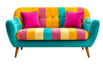 Multicolored bright soft sofa on a transparent background. PNG. Interior design.