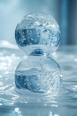 Two glass spheres with bubbles sitting on a liquid surface