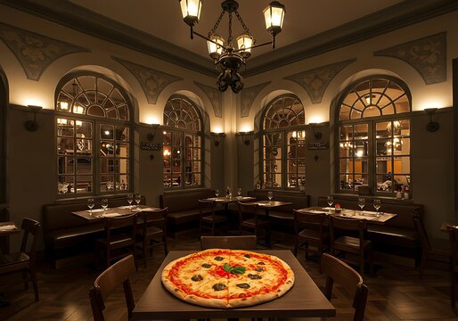 Warm-Lit Italian Restaurant with Delicious Pizza - Powered by Adobe