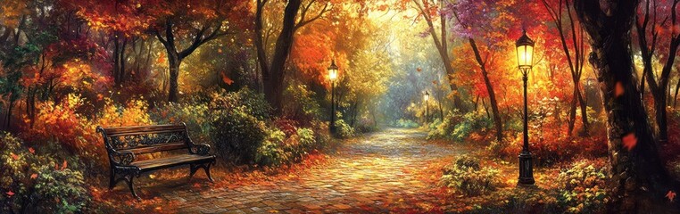 Naklejka premium Autumnal Park Path Bench and Lamps