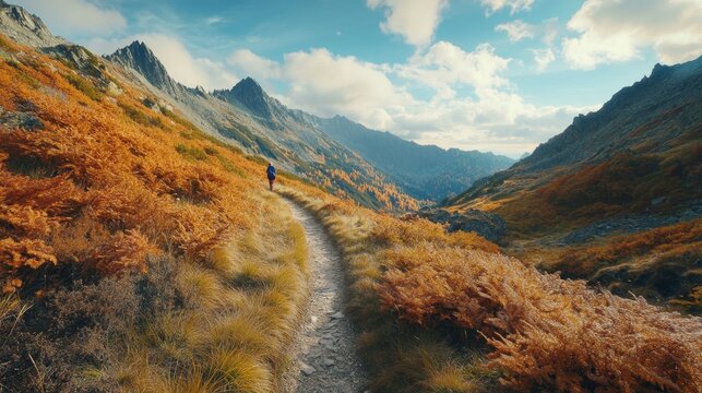 Trek along a mountain path amidst the stunning Western and High Tatras. Admire the vibrant autumn foliage and painted sky as you hike through this scenic landscape.