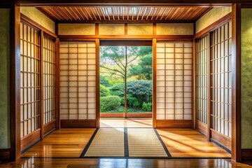 Obraz premium Traditional Japanese Sliding Door, Shoji Screen, Wood Frame, Paper Panel, Asian Architecture