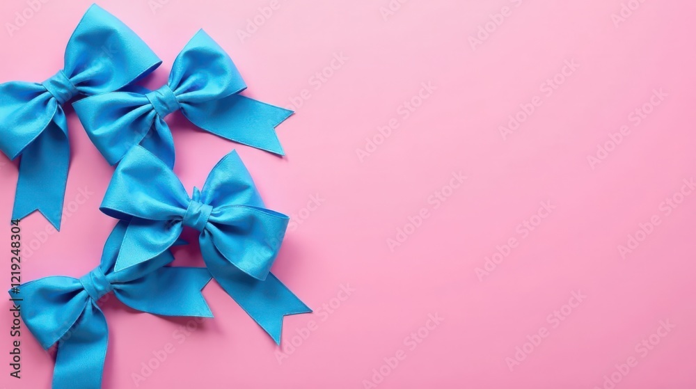 Poster three light blue satin bows arranged on a pink background, leaving ample space for text or design el