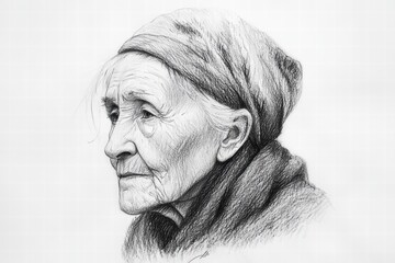 Portrait of an Elderly Woman with a Headscarf in Charcoal Style