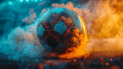 Soccer ball engulfed in vibrant teal and orange smoke on grass.