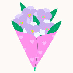 Bouquet with flowers in wrapping paper. Bouquet for Women`s day and Mother`s day. Modern isolated vector illustration.
