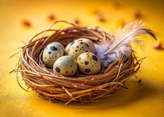 Fototapeta premium Pastel Yellow Quail Eggs Bird Nest Feather Stock Photo
