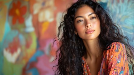 Portrait of a confident woman with natural wavy hair, wearing a casual shirt, in front of a colorful abstract background.
