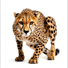 Cheetah on the Prowl: A majestic cheetah, its sleek spotted coat and piercing gaze, crouches low to the ground in a primal stance, ready to pounce.