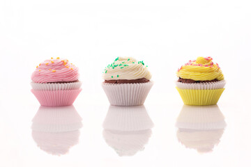 Three delicious muffins on a white background