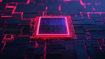 A vibrant digital circuit with a central microchip illuminated in red, showcasing intricate patterns and a futuristic aesthetic.