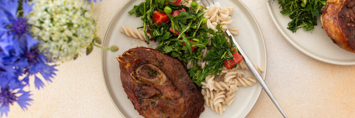 Delight in a hearty breakfast or lunch with tender turkey, gluten-free pasta, and a refreshing salad of seasonal vegetables and herbs, rounded off with sweet, ripe fruits for a complete meal, banner