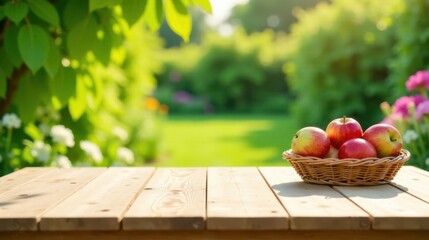 A sunlit wooden table outdoors displays a wicker basket filled with ripe, red apples, a picturesque scene with a blurred background of lush green foliage and vibrant flowers.