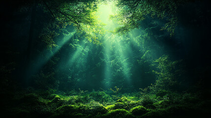 Forest with Sunlight Streaming Through the Trees