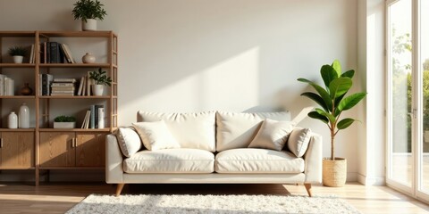 Serene Living Room with Neutral Tones and Natural Light, Featuring a Comfortable Sofa, Wooden Shelving Unit, and Lush Potted Plant