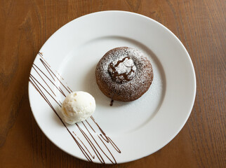 Chocolate Lava Cake with Ice Cream, Cozy Café Setting, Top view