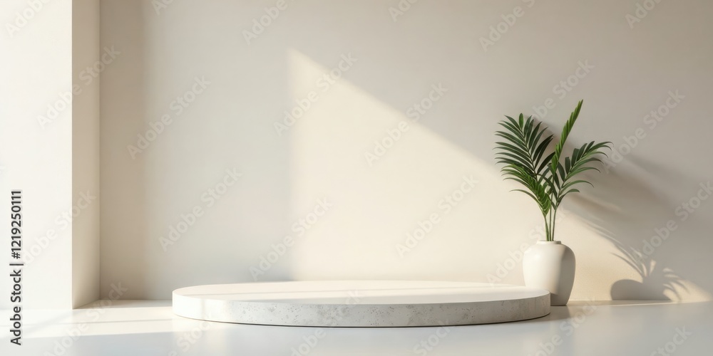 Poster minimalist round display platform with greenery in a sunlit room
