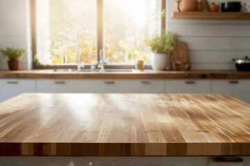 A Cozy Kitchen Room Background with a Clean Wooden Table Surface