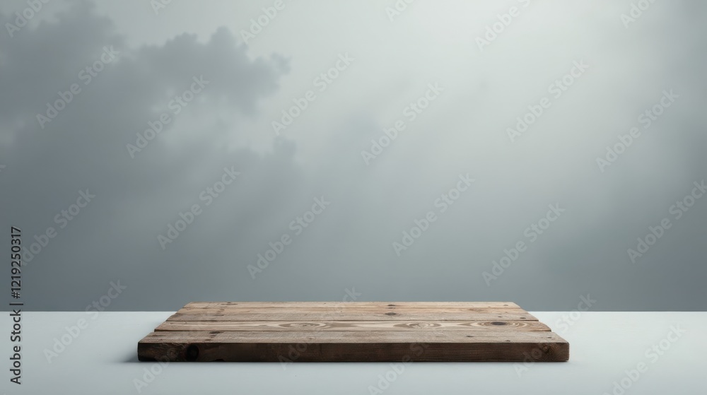 Poster Rustic Wooden Plank Display on Light Surface with a Cloudy Backdrop Ideal for Product Placement and Presentation