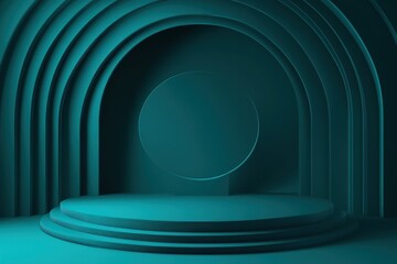 Fototapeta premium Teal circular stage with arched backdrop.