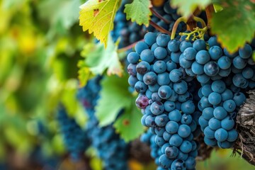Naklejka premium Close up of ripe purple grapes hanging on the vine in a sunlit vineyard, ready for harvest and wine production