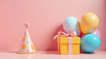 A Festive Celebration with Pastel Balloons, a Gift, and Party Hat on a Pink Background