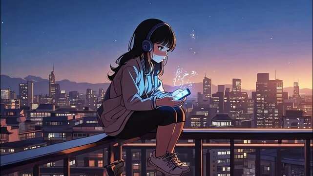 The girl leans on the railing of a high balcony, gazing down sprawling city below. Her headphones rest around her neck, faint blue light from her phone screen reflects on her face, anime-style