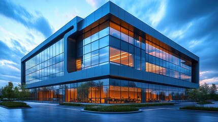 Obraz premium Modern Glass Corporate Building at Dusk