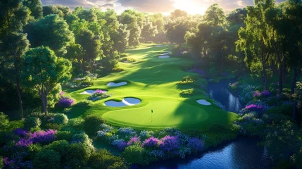 Gardinen Scenic professional golf putting green with ultra detailed grass in lush landscape for design in print or poster © Kyryl
