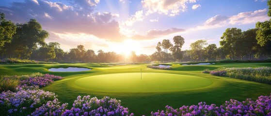 Luxurious golf course putting green at sunset with ultra detailed grass and scenic landscape for sports enthusiasts and nature lovers