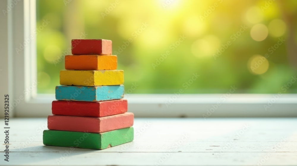 Poster A colorful stack of vintage wooden blocks arranged in a pyramid shape, sits on a weathered white surface near a bright sunlit window.