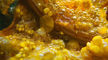 Abstract Golden Resin Art- Macro Closeup of Yellow Bubbles and Crystals