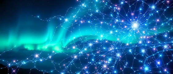 Obraz premium Radiant Cityscape at Nightfall: Urban Glow Against Starry Blue Sky