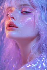 Fototapeta premium a professional photo of a young woman with pale violet hair and glowing skin, her face illuminated with glitter and shimmering highlights under soft neon lighting, dreamy and ethereal 