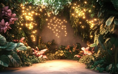 Enchanted garden with mystical plants green pink gold aesthetic