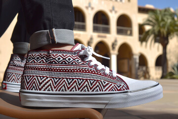 Casual fashion scene of a young person sitting, highlighting artistic sneakers with textured patterns