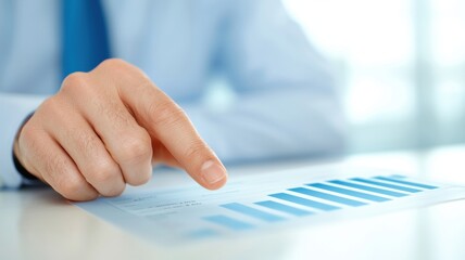 Fototapeta premium A business professional points at a financial chart, highlighting trends or data analysis in a modern office setting.