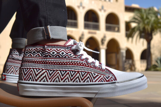 Casual fashion scene of a young person sitting, highlighting artistic sneakers with textured patterns