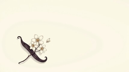 Elegant floral illustration with vanilla bean and blossoms on a creamy background, perfect for culinary or beauty designs