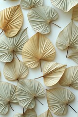 Dry tropical palm leaves arranged on white background. Minimalist floral pattern. Natural light. Flat lay style. Exotic and decorative. Perfect for home decor. Beautiful nature inspired design.