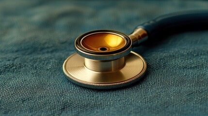 Closeup of a stethoscope on a blue fabric background.
