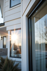 Modern House Exterior: Sunlight Through a Stylish Window. High-end Residential Architecture, New Construction, Home Design