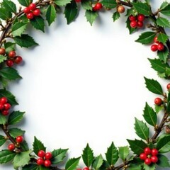 Holly branches with bright red berries in a festive holiday wreath, holly leaves, bright red berries, winter wonderland scene