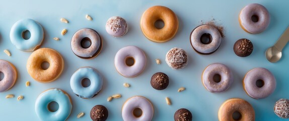 Fototapeta premium Assorted donuts and chocolate truffles arranged on a light blue background.